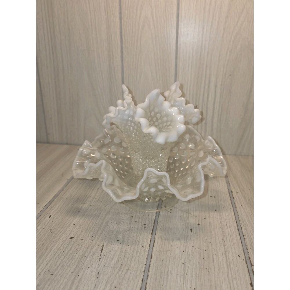 Vintage Fenton Hobnail Glass Opalescent Epergne 3 Horns Bowl Art Vase Decor